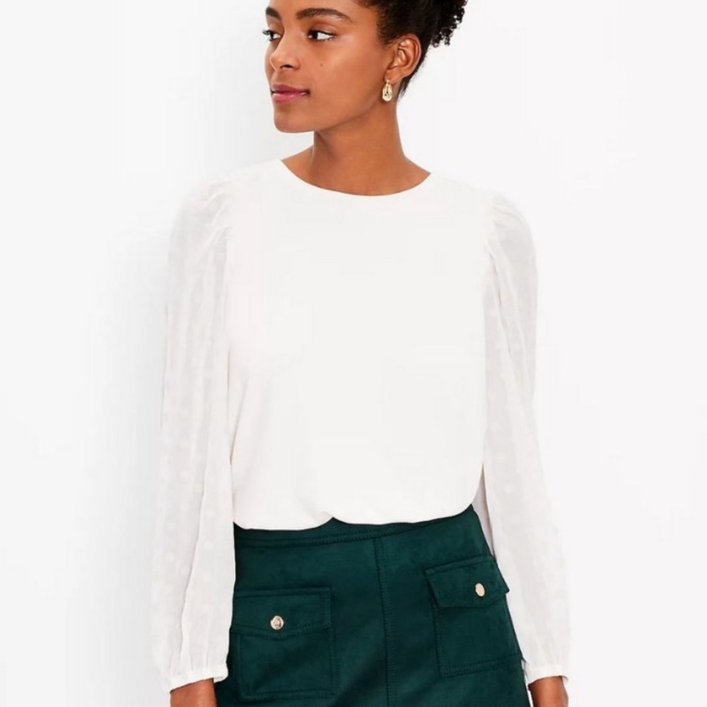 NWT LOFT Mixed Media Puff Sleeve Dotted Velvet Flowy Knit Top XS